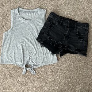 American Eagle black cutoff next level stretch shorts sz 0 & Aerie gray tank xs